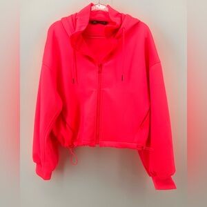 Zara Women’s Neon Pink Hoodie Jacket Crop Oversized Size Large L